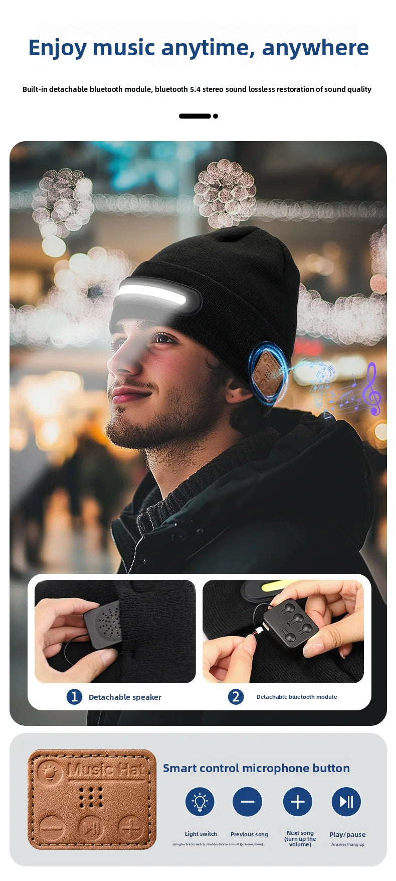 Bluetooth LED Beanie Hat Wireless Music Calls Headlamp Knitted Warm Winter Outdoor Night Sports for Men Women Adults