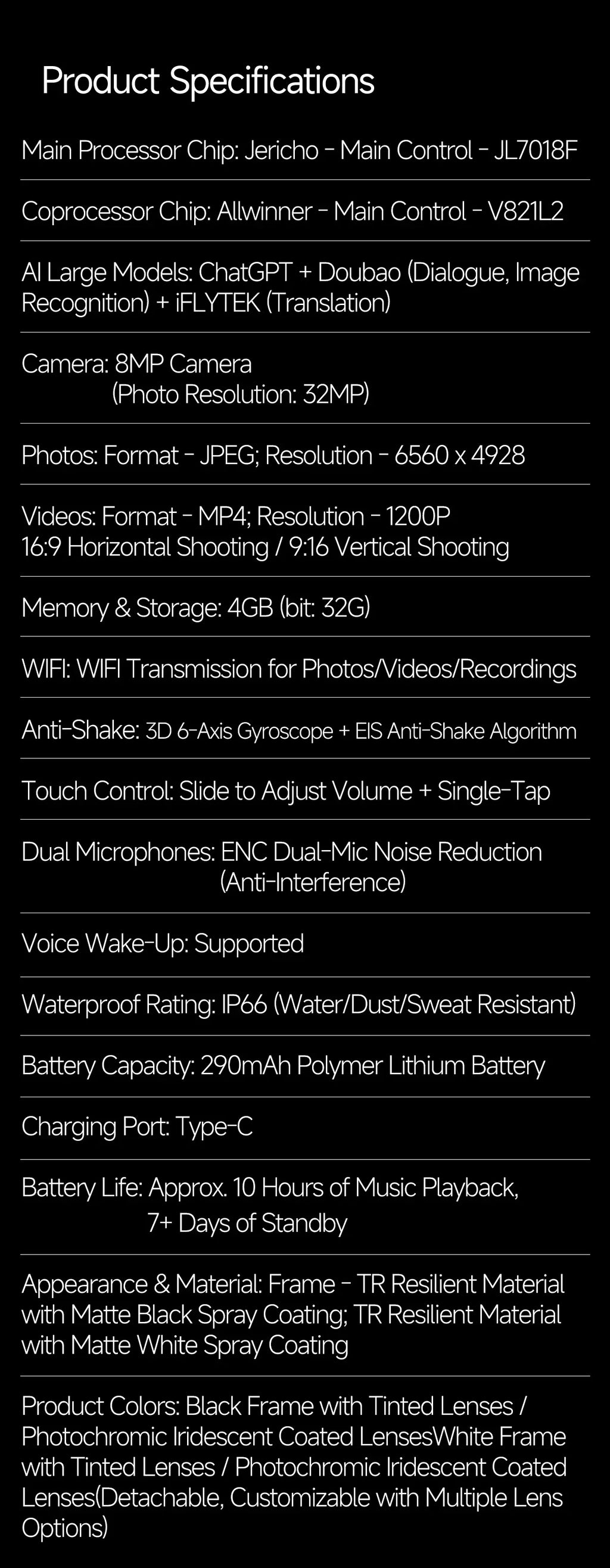 2026 AI Smart Glasses 800W Camera Anti-shake Cycling Video&Photo Al Voice Wake-Up IP66 Dust Water Sweat Resistant Smart Glasses