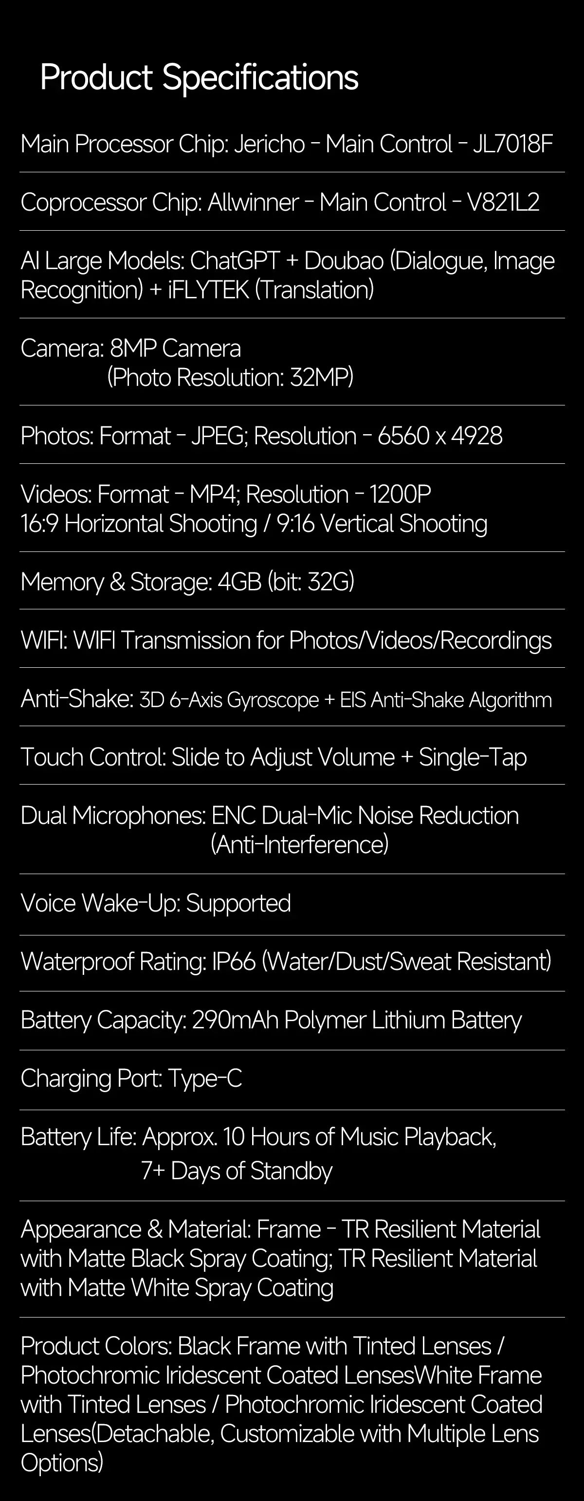 2026 AI Smart Glasses 800W Camera Anti-shake Cycling Video&Photo Al Voice Wake-Up IP66 Dust Water Sweat Resistant Smart Glasses