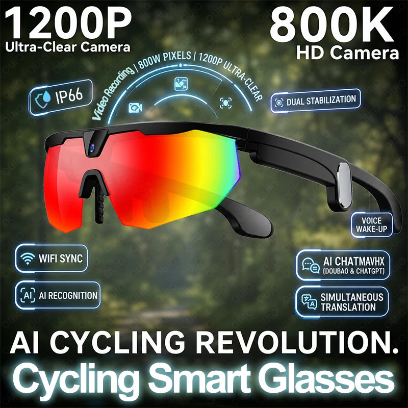 2026 AI Smart Glasses 800W Camera Anti-shake Cycling Video&Photo Al Voice Wake-Up IP66 Dust Water Sweat Resistant Smart Glasses