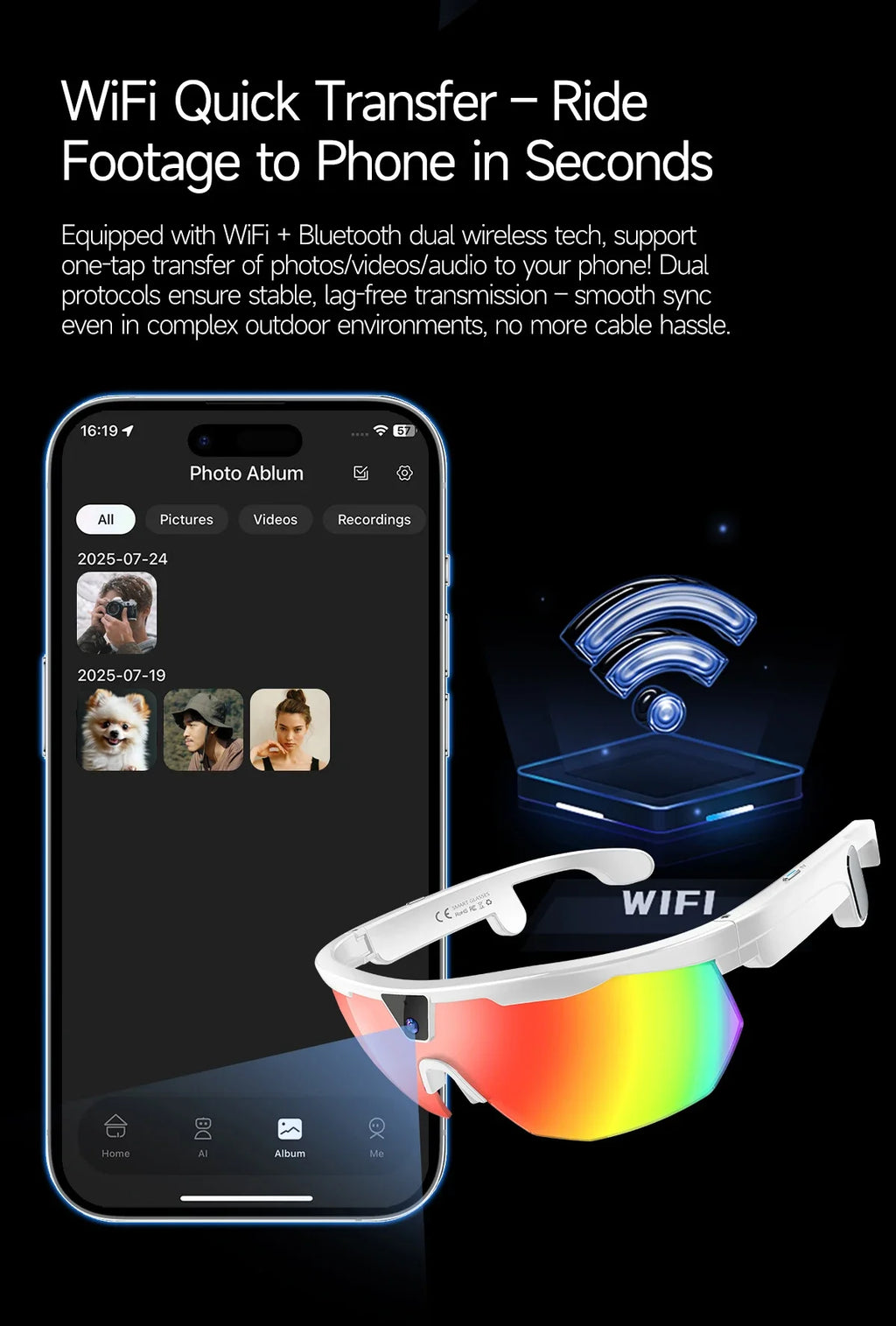2026 AI Smart Glasses 800W Camera Anti-shake Cycling Video&Photo Al Voice Wake-Up IP66 Dust Water Sweat Resistant Smart Glasses