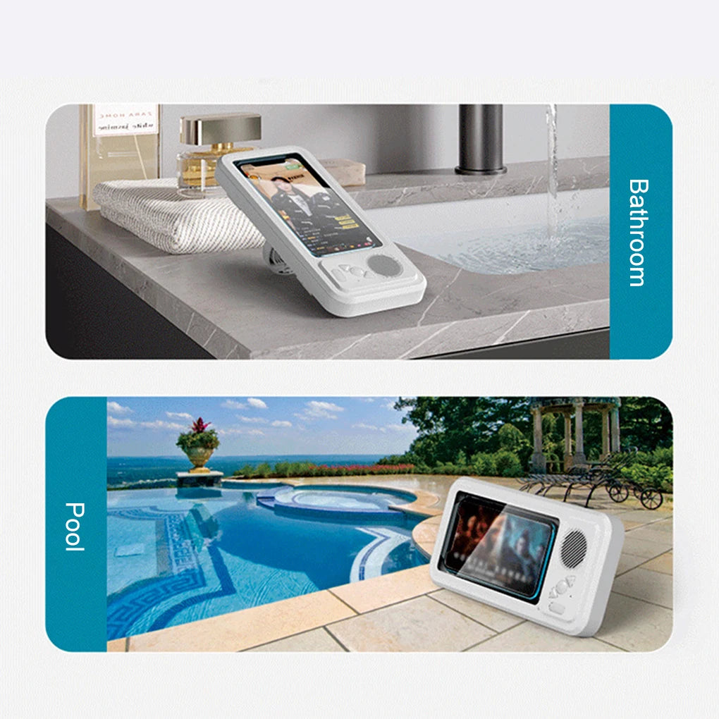 Shower Phone Holder with Bluetooth Speaker IPX4 Waterproof Anti-Fog Touch Screen Wall Mount Phone Holder for Shower Bathroom 
﻿