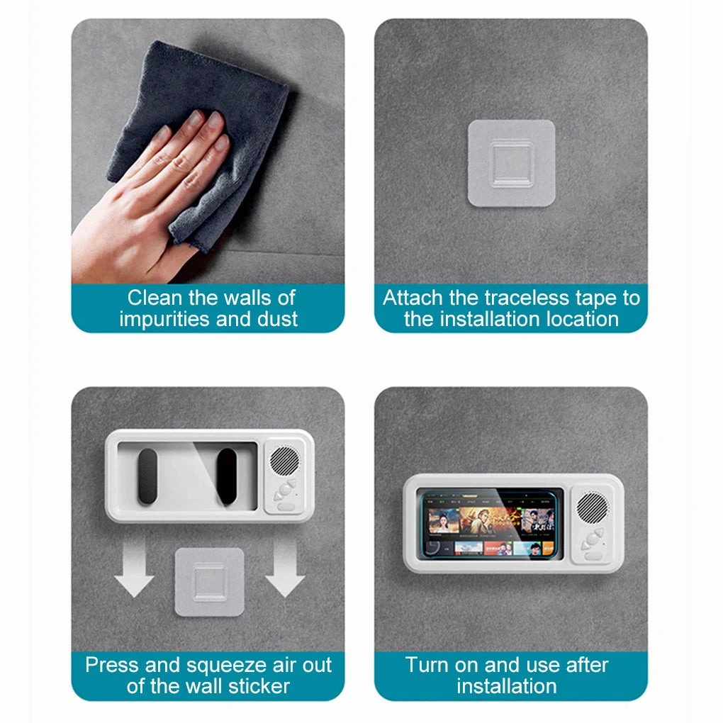 Shower Phone Holder with Bluetooth Speaker IPX4 Waterproof Anti-Fog Touch Screen Wall Mount Phone Holder for Shower Bathroom 
﻿