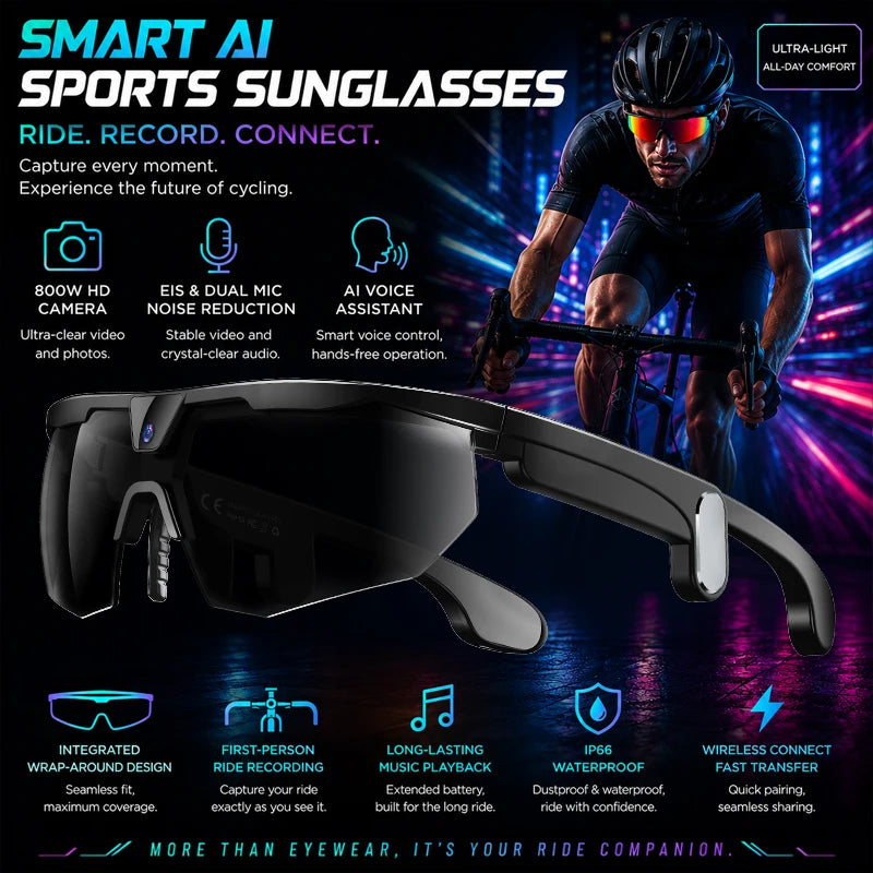 2026 AI Smart Glasses 800W Camera Anti-shake Cycling Video&Photo Al Voice Wake-Up IP66 Dust Water Sweat Resistant Smart Glasses