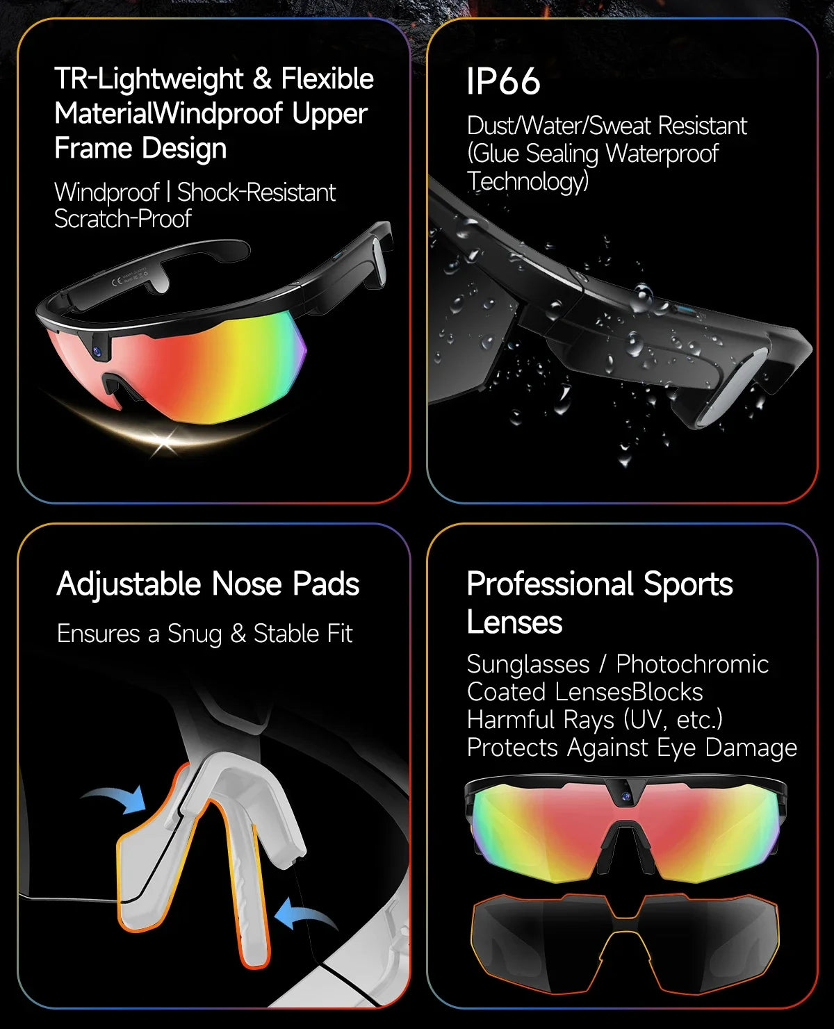 2026 AI Smart Glasses 800W Camera Anti-shake Cycling Video&Photo Al Voice Wake-Up IP66 Dust Water Sweat Resistant Smart Glasses