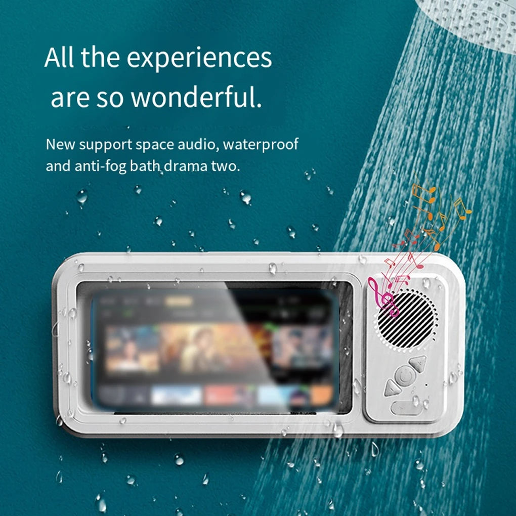 Shower Phone Holder with Bluetooth Speaker IPX4 Waterproof Anti-Fog Touch Screen Wall Mount Phone Holder for Shower Bathroom 
﻿