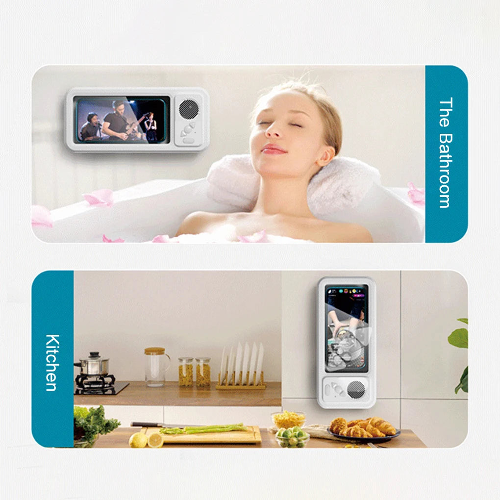 Shower Phone Holder with Bluetooth Speaker IPX4 Waterproof Anti-Fog Touch Screen Wall Mount Phone Holder for Shower Bathroom 
﻿