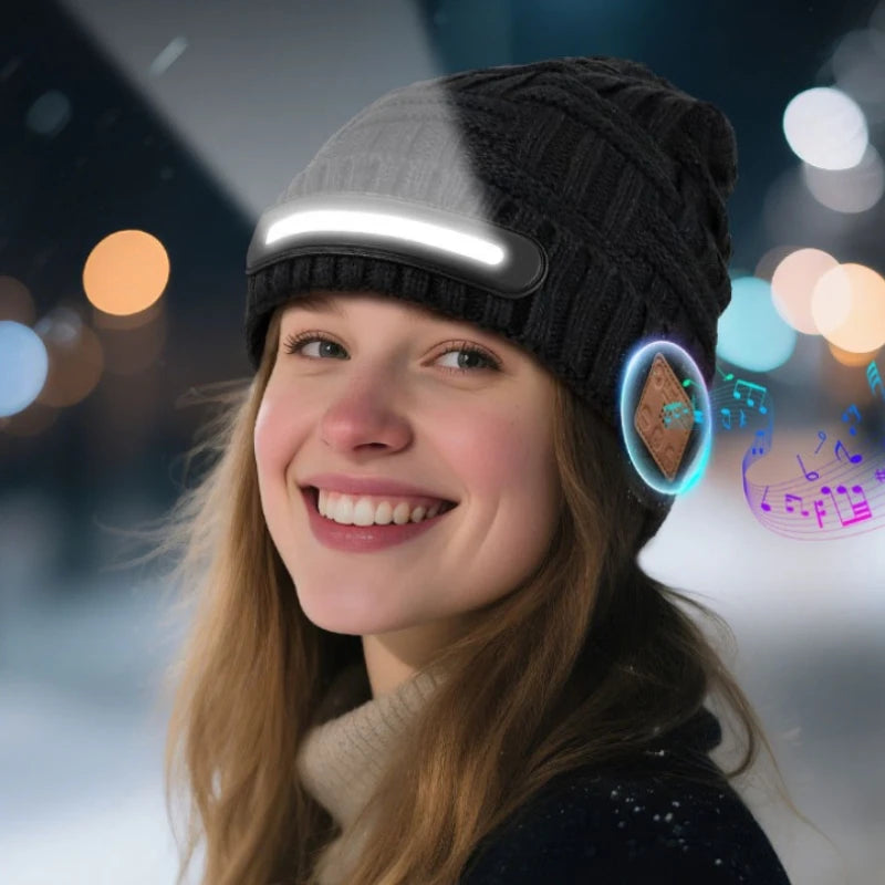 Bluetooth LED Beanie Hat Wireless Music Calls Headlamp Knitted Warm Winter Outdoor Night Sports for Men Women Adults