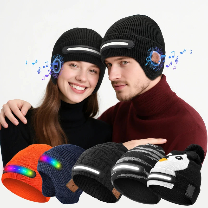 Bluetooth LED Beanie Hat Wireless Music Calls Headlamp Knitted Warm Winter Outdoor Night Sports for Men Women Adults