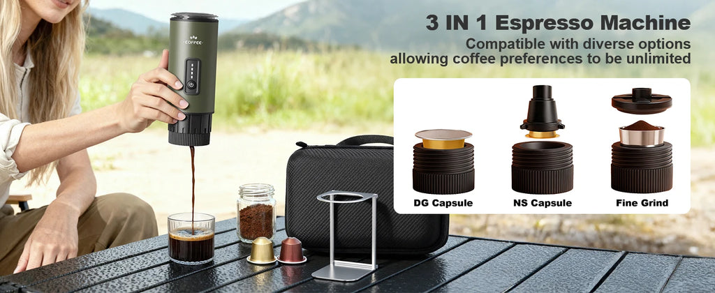 portable espresso machine, 3-in -1 coffee machine set, with carrying bag and coffee holder, coffee machine suitable for grinding