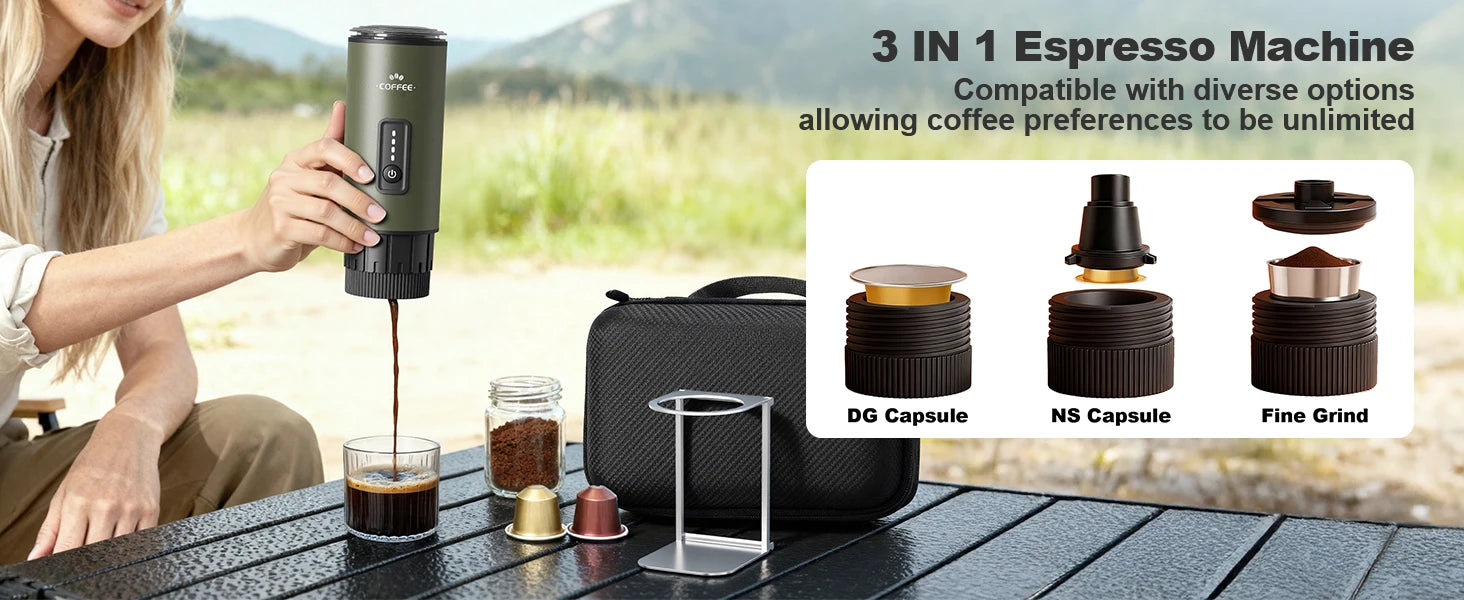 portable espresso machine, 3-in -1 coffee machine set, with carrying bag and coffee holder, coffee machine suitable for grinding