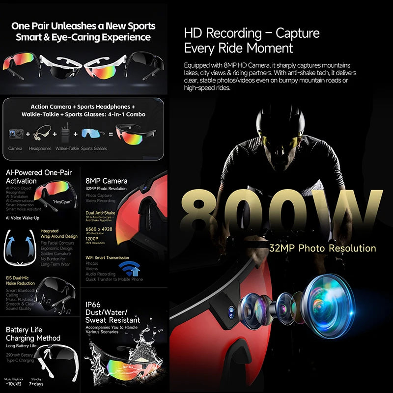 2026 AI Smart Glasses 800W Camera Anti-shake Cycling Video&Photo Al Voice Wake-Up IP66 Dust Water Sweat Resistant Smart Glasses