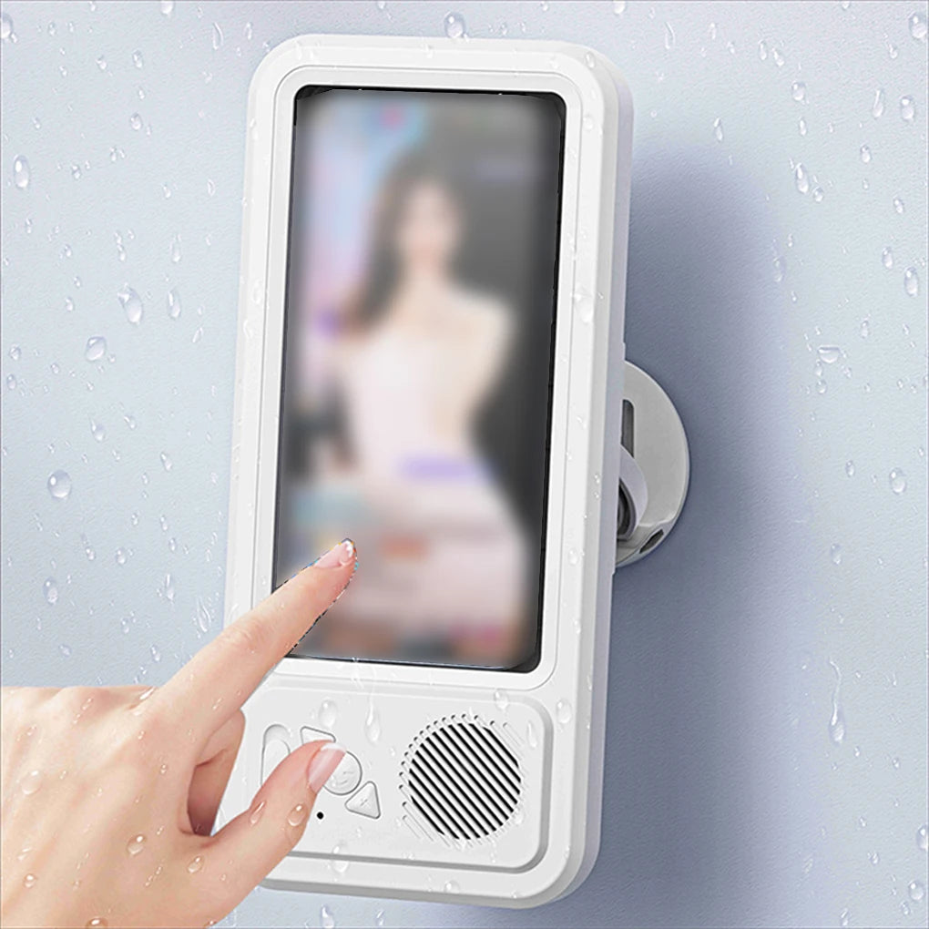 Shower Phone Holder with Bluetooth Speaker IPX4 Waterproof Anti-Fog Touch Screen Wall Mount Phone Holder for Shower Bathroom 
﻿