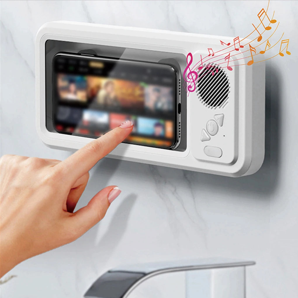 Shower Phone Holder with Bluetooth Speaker IPX4 Waterproof Anti-Fog Touch Screen Wall Mount Phone Holder for Shower Bathroom 
﻿