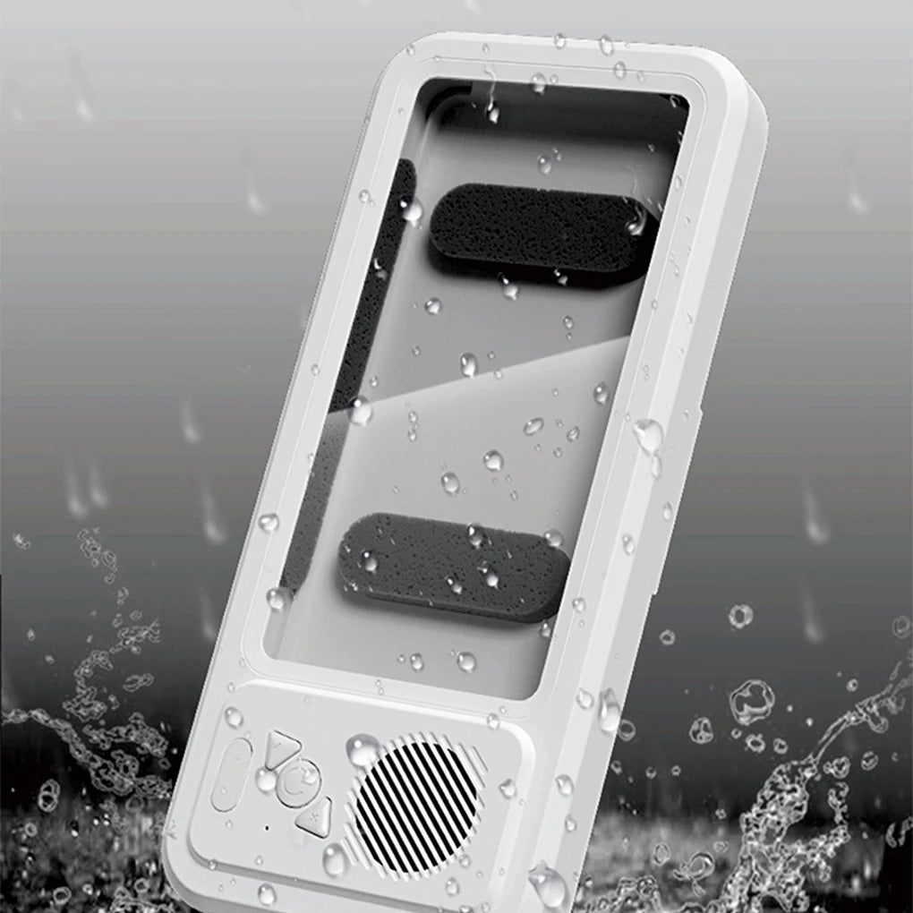 Shower Phone Holder with Bluetooth Speaker IPX4 Waterproof Anti-Fog Touch Screen Wall Mount Phone Holder for Shower Bathroom 
﻿