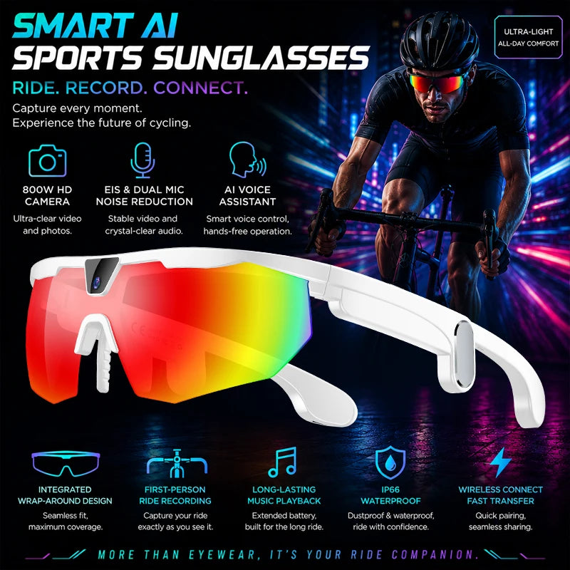 2026 AI Smart Glasses 800W Camera Anti-shake Cycling Video&Photo Al Voice Wake-Up IP66 Dust Water Sweat Resistant Smart Glasses