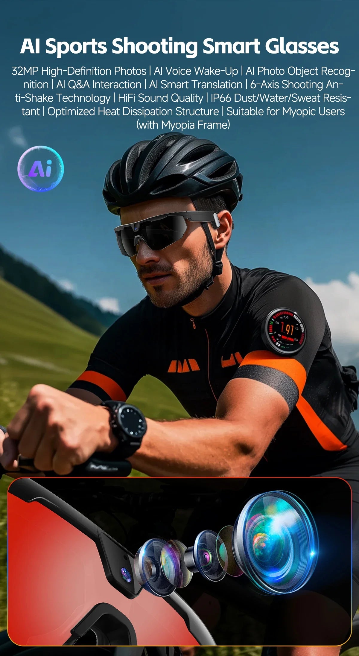2026 AI Smart Glasses 800W Camera Anti-shake Cycling Video&Photo Al Voice Wake-Up IP66 Dust Water Sweat Resistant Smart Glasses