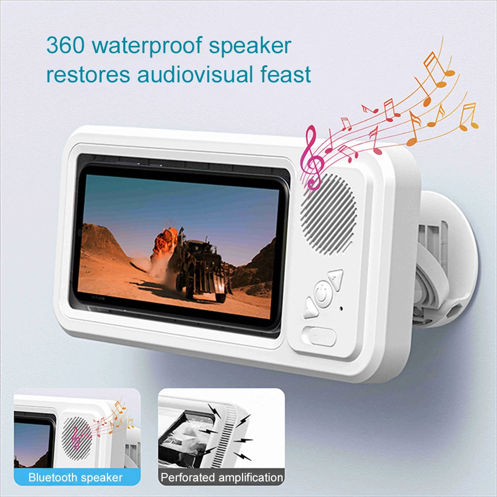 Shower Phone Holder with Bluetooth Speaker IPX4 Waterproof Anti-Fog Touch Screen Wall Mount Phone Holder for Shower Bathroom 
﻿