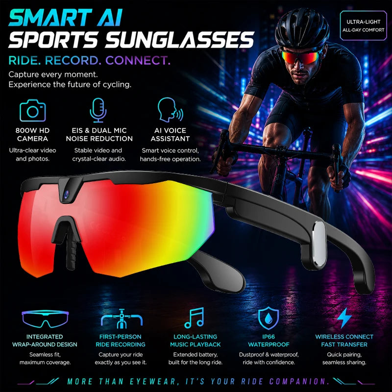 2026 AI Smart Glasses 800W Camera Anti-shake Cycling Video&Photo Al Voice Wake-Up IP66 Dust Water Sweat Resistant Smart Glasses