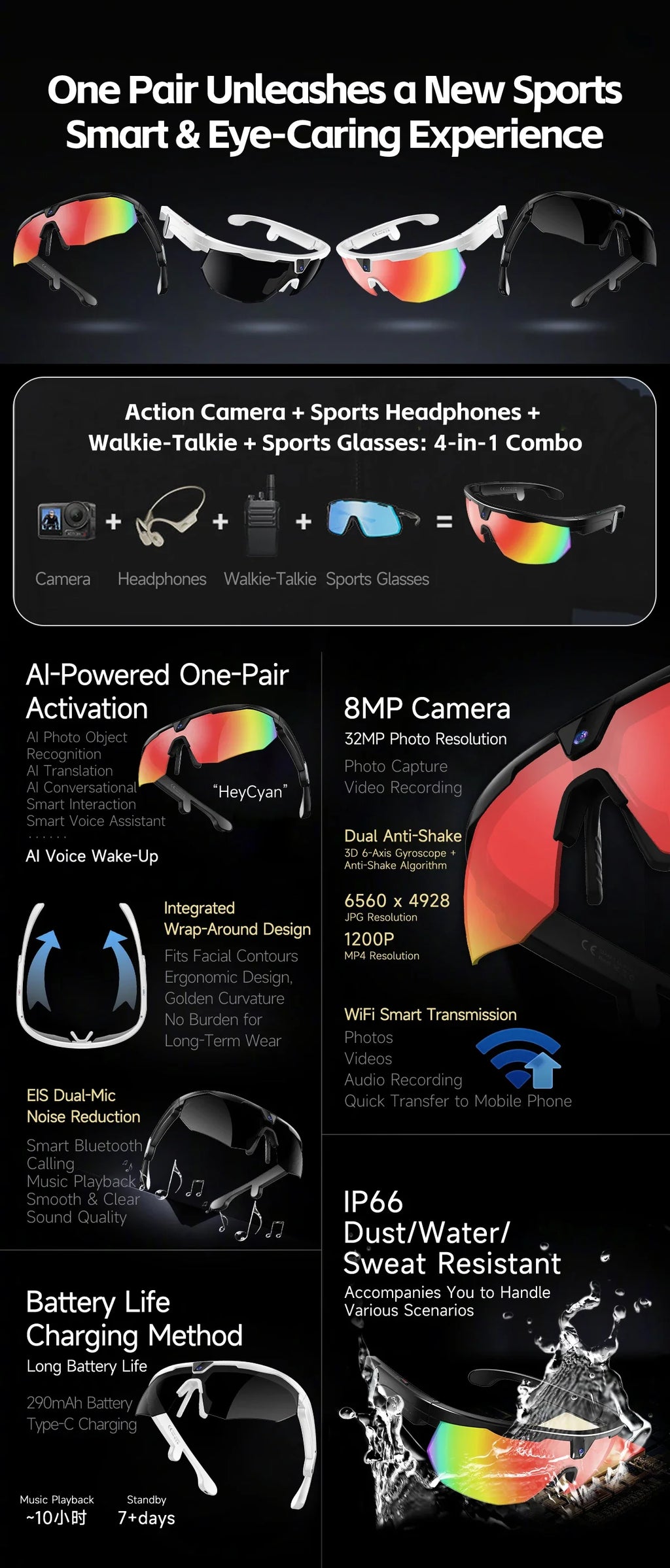 2026 AI Smart Glasses 800W Camera Anti-shake Cycling Video&Photo Al Voice Wake-Up IP66 Dust Water Sweat Resistant Smart Glasses